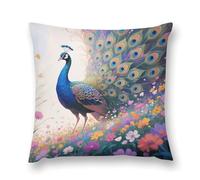 FodPand Colorful Peacock in Flower Sea Throw Pillow Covers 12 "x12 Decorative Plush Pillowcase with Hidden Zipper Double-Sided Boho Farmhouse Cushion Case for Sofa Bed Chair, Holiday Decor, Home Gift