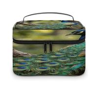 FodPand Colorful Peacock on A Tree Branch Makeup Bag with Makeup Brush Compartment Cosmetic Bag with Handle And Zipper Portable Organizer Bag for Daily, Camping, Traveling, Hotel