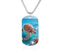 FodPand Custom Boho Sea Turtle Photo Memorial Pendant Necklace 23.6" Box Chain Lightweight Military Dog Tag Necklace for Men Women Minimalist Couple Jewelry Keepsake Souvenir Gifts
