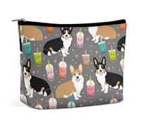FodPand Cute Corgi Pet And Milk Tea Toiletry Bag Large Capacity Makeup Bag Travel Makeup Pouch Mini Cosmetic Bags Zipper Make Up Storage Pouch Make Up Organizer Tool Pouchs