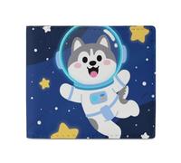 FodPand Cute Husky Astronauts on Space Bifold Wallet for Men Women, 4.3"x3.7" Compact Leather Wallet with ID Window & Coin Pocket, Slim Minimalist Card Holder for Daily Carry & Travel