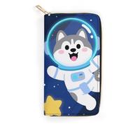 FodPand Cute Husky Astronauts on Space Wallets for Men Women - PU Leather Zip Around Wallet with 4 Card Slots & 3 Cash Compartments, 7.8 X 4.1 Inch Large Capacity Long Purse for Travel