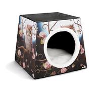 FODPAND Cute Owl Tree Flowers and Squirrel Cat Bed Cave for Small Dog Cat House 3-in-1 Foldable Cats Beds with Removable Washable Cushioned Pillow Covered Cave Pet Tents with Non-Slip Bottom