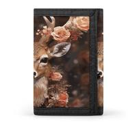 FodPand Deer Wearing Flowers Wallet,Portable Three Folds Wallet Sturdy With Hanging Buckle Zipper Wallets for Man Woman