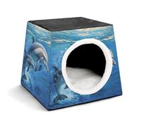 FODPAND Dolphins in The Sea Cat Bed Cave for Small Dog Cat House 3-in-1 Foldable Cats Beds with Removable Washable Cushioned Pillow Covered Cave Pet Tents with Non-Slip Bottom