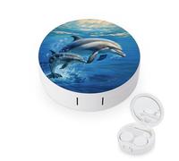 FODPAND Dolphins in The Sea Contact Lens Case with Cleaner Washer Portable Contact Lens Holder Box with Mirror Tweezers Remover Tool Solution Bottle for Daily Makeup Office