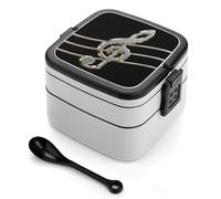 FodPand Double-Layer Bento Box with Spoon, 1000ml Leak-Proof Lunch Container - Divided Compartments & Easy Carry Handle, Black And White Musical Notes Lunch Box for Office, Picnic