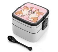 FodPand Double-Layer Bento Box with Spoon, 1000ml Leak-Proof Lunch Container - Divided Compartments & Easy Carry Handle, Cute Corgis Love Lunch Box for Office, Picnic