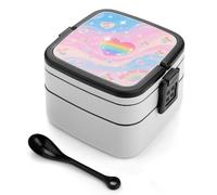FodPand Double-Layer Bento Box with Spoon, 1000ml Leak-Proof Lunch Container - Divided Compartments & Easy Carry Handle, Iridescent Love Heart Stars Pattern Lunch Box for Office, Picnic