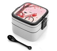 FodPand Double-Layer Bento Box with Spoon, 1000ml Leak-Proof Lunch Container - Divided Compartments & Easy Carry Handle, Heart Tree Bicycle Love Lunch Box for Office, Picnic