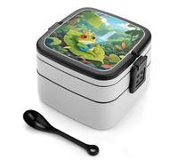 FodPand Double-Layer Bento Box with Spoon, 1000ml Leak-Proof Lunch Container - Divided Compartments & Easy Carry Handle, Cute Frog Lunch Box for Office, Picnic