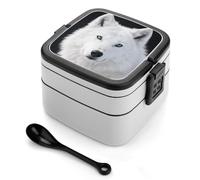 FodPand Double-Layer Bento Box with Spoon, 1000ml Leak-Proof Lunch Container - Divided Compartments & Easy Carry Handle, Cool White Wolf Lunch Box for Office, Picnic