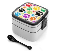 FodPand Double-Layer Bento Box with Spoon, 1000ml Leak-Proof Lunch Container - Divided Compartments & Easy Carry Handle, Colorful Doodle Paw Lunch Box for Office, Picnic