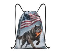 FodPand Drawstring Backpack Bag American Flag Wolf Print Sports Gym Sackpack for Men & Women, Waterproof Cinch Bags for Travel, Black, S, Travel Backpacks