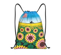 FodPand Drawstring Backpack Bag American-Sunflower US-Flag Stripes Sports Gym Sackpack for Men & Women, Waterproof Cinch Bags for Travel, Black, M, Travel Backpacks
