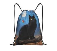 FodPand Drawstring Backpack Bag Cat and Moon Butterfly Sports Gym Sackpack for Men & Women, Waterproof Cinch Bags for Travel, Black, S, Travel Backpacks