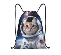FodPand Drawstring Backpack Bag Cat Astronaut Sports Gym Sackpack for Men & Women, Waterproof Cinch Bags for Travel, Black, M, Travel Backpacks
