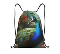 FodPand Drawstring Backpack Bag Colorful Peacock Sports Gym Sackpack for Men & Women, Waterproof Cinch Bags for Travel, Black, M, Travel Backpacks