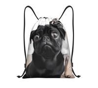FodPand Drawstring Backpack Bag Cute Black Pug Dog Sports Gym Sackpack for Men & Women, Waterproof Cinch Bags for Travel, Black, M, Travel Backpacks