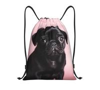 FodPand Drawstring Backpack Bag Cute Black Pug Sports Gym Sackpack for Men & Women, Waterproof Cinch Bags for Travel, Black, M, Travel Backpacks