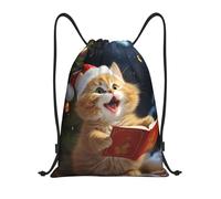 FodPand Drawstring Backpack Bag Cute Cat Sing Christmas Carols Sports Gym Sackpack for Men & Women, Waterproof Cinch Bags for Travel, Black, S, Travel Backpacks