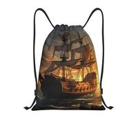 FodPand Drawstring Backpack Bag Fantasy pirate ship Sports Gym Sackpack for Men & Women, Waterproof Cinch Bags for Travel, Black, M, Travel Backpacks