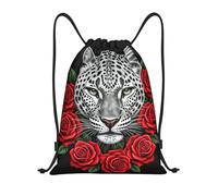 FodPand Drawstring Backpack Bag Funny Red Rose Flower and Cheetah Sports Gym Sackpack for Men & Women, Waterproof Cinch Bags for Travel, Black, S, Travel Backpacks