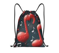 FodPand Drawstring Backpack Bag Music Notes with Red Love Heart Sports Gym Sackpack for Men & Women, Waterproof Cinch Bags for Travel, Black, M, Travel Backpacks