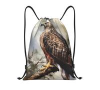 FodPand Drawstring Backpack Bag Watercolor of Hawk Sitting in The Tree Sports Gym Sackpack for Men & Women, Waterproof Cinch Bags for Travel, Black, M, Travel Backpacks