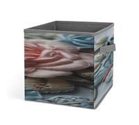 FodPand Embroidered Pink Roses Storage Cubes Foldable Decorative Fabric, Storage Bins Baskets with Handles, Closet Organizers And Storage for Home, Office,Closet, Clothes