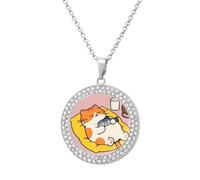 FodPand Fat Cat Printed Diamond Necklace for Women Girlfriend Mom 20" Cable Chain Round Pendant Necklace Memorial Couple Friendship Jewelry Birthday Anniversary Wedding Keepsake Romantic Gifts, One