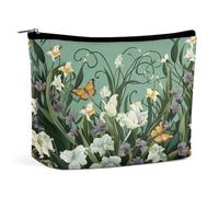 FodPand Flowers And Butterflies on Green Background Makeup Bag for Women, Toiletry Bag Portable PU, Cosmetic Bag Travel Essentials Toiletries Accessories