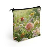 FodPand Flowers Grass Makeup Bag with Sturdy Zipper，Linen Material Storage Bag,Large Capacity And Multi-Purpose Cosmetic Bag for Daily Life, Travel, Outings, Business Trips And Other Occasions
