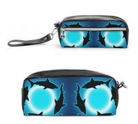 FodPand Form Circle Floating Sharks Pencil Pouch Mini Makeup Bag with Handle - 7.8x3.9x2.1 Inches Durable Waterproof PU Leather, Large Capacity Portable Pencil Case for Office, Travel