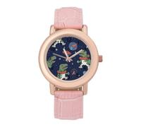 FodPand Funny Dinosaur Rocket Watch for Women Leather Strap Watch | Cute Pink Minimalist Analog Wristwatch, Elegant Casual Dress Watches Fashion Ladies Band Watches for Party Daily Wear & Gift