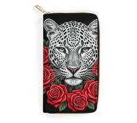 FodPand Funny Red Rose Flower And Cheetah Wallets for Men Women - PU Leather Zip Around Wallet with 4 Card Slots & 3 Cash Compartments, 7.8 X 4.1 Inch Large Capacity Long Purse for Travel