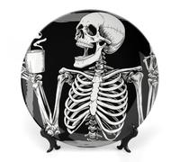 FodPand Funny Skeleton Art Decorative Plate with Display Stand | Round Bone China Plates Porcelain Wall Hanging Large Plate Personalized Photo Ceramic Dinner Plate Tabletop Art 6inch