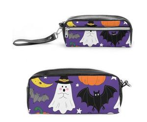 FodPand Ghost Pumpkin Moon Bat Spider Web Pencil Pouch Mini Makeup Bag with Handle - 7.8x3.9x2.1 Inches Durable Waterproof PU Leather, Large Capacity Portable Pencil Case for Office, Travel