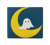 FodPand Ghost Sits on The Moon Bifold Wallet for Men Women, 4.3"x3.7" Compact Leather Wallet with ID Window & Coin Pocket, Slim Minimalist Card Holder for Daily Carry & Travel