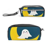 FodPand Ghost Sits on The Moon Pencil Pouch Mini Makeup Bag with Handle - 7.8x3.9x2.1 Inches Durable Waterproof PU Leather, Large Capacity Portable Pencil Case for Office, Travel