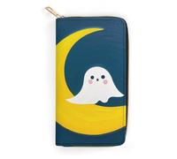 FodPand Ghost Sits on The Moon Wallets for Men Women - PU Leather Zip Around Wallet with 4 Card Slots & 3 Cash Compartments, 7.8 X 4.1 Inch Large Capacity Long Purse for Travel