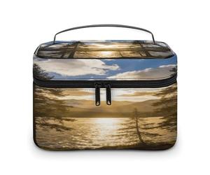 FodPand Gold Falling between The Trees Makeup Bag with Makeup Brush Compartment Cosmetic Bag with Handle And Zipper Portable Organizer Bag for Daily, Camping, Traveling, Hotel
