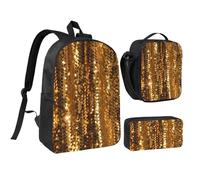 FodPand Gold Sequin Sparkle Backpack Set 3 PCS - 17 Inch Laptop Backpack with Lunch Bag, Waterproof Daypack Insulated Lunch Box Large Capacity Coin Pouch Personalized Gift