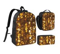 FodPand Gold Sequin Sparkle Backpack Set 3 PCS - 17 Inch Laptop Backpack with Lunch Bag, Waterproof Daypack Insulated Lunch Box Large Capacity Coin Pouch Personalized Gift