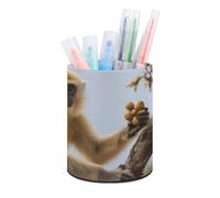 FodPand Golden Snub-Nosed Monkey Pen Holder Round PU Leather Desk Organizer with Waterproof Design Makeup Brush Cup & Office Supply Storage for Home Office Dorm Desktop Organization