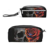 FodPand Gothic Skull And Black Rose Pencil Pouch Mini Makeup Bag with Handle - 7.8x3.9x2.1 Inches Durable Waterproof PU Leather, Large Capacity Portable Pencil Case for Office, Travel