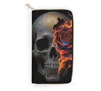 FodPand Gothic Skull And Black Rose Wallets for Men Women - PU Leather Zip Around Wallet with 4 Card Slots & 3 Cash Compartments, 7.8 X 4.1 Inch Large Capacity Long Purse for Travel