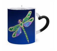 FodPand Green Beauty Dragonfly Color Changing Mug 11oz, Heat Sensitive Coffee Mug Reveals Pattern with Hot Liquid, Ceramic Novelty Coffee Cup with Heart Shaped Handle, Funny Gift