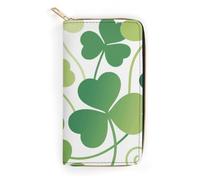 FodPand Green Clover Leaves Wallets for Men Women - PU Leather Zip Around Wallet with 4 Card Slots & 3 Cash Compartments, 7.8 X 4.1 Inch Large Capacity Long Purse for Travel