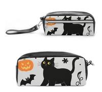 FodPand Halloween Black Cat Pencil Pouch Mini Makeup Bag with Handle - 7.8x3.9x2.1 Inches Durable Waterproof PU Leather, Large Capacity Portable Pencil Case for Office, Travel